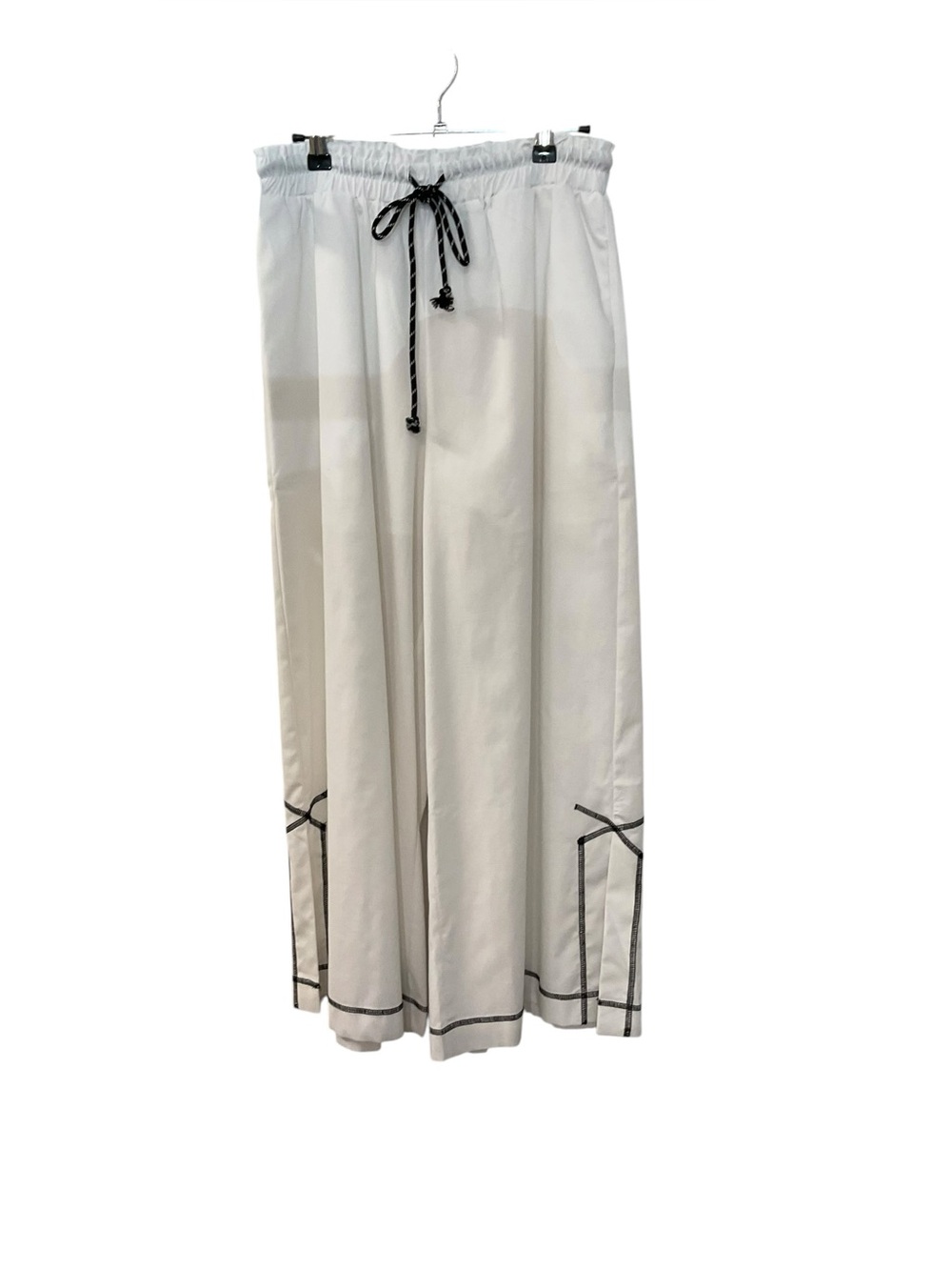 White Wide-Leg Drawstring Pant with Contrast Trim